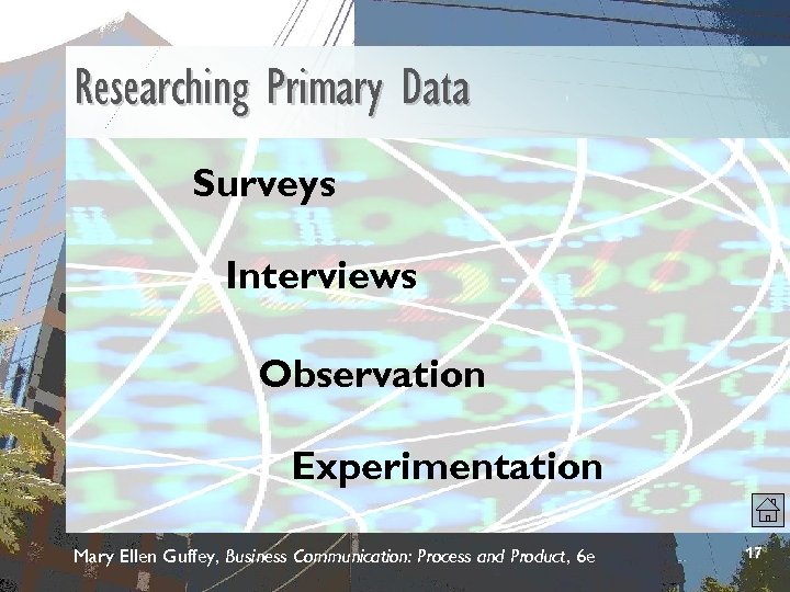 Researching Primary Data Surveys Interviews Observation Experimentation Mary Ellen Guffey, Business Communication: Process and