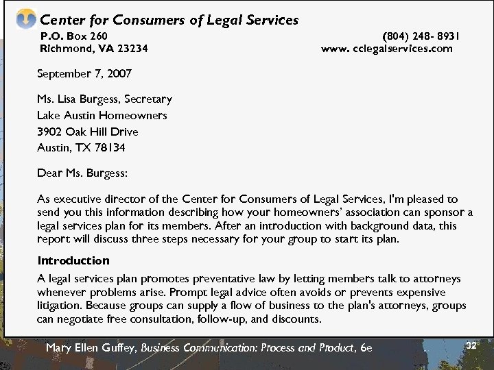 Center for Consumers of Legal Services P. O. Box 260 Richmond, VA 23234 (804)