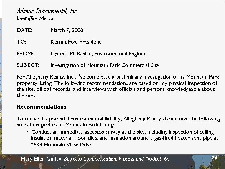 Atlantic Environmental, Inc. Analytical Report—Memo Format Interoffice Memo DATE: March 7, 2008 TO: Kermit