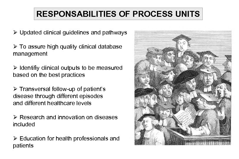 RESPONSABILITIES OF PROCESS UNITS Ø Updated clinical guidelines and pathways Ø To assure high