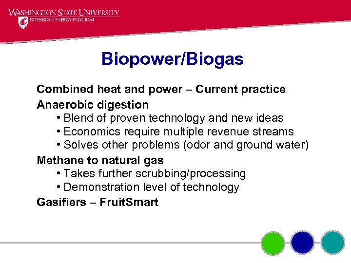 Biopower/Biogas Combined heat and power – Current practice Anaerobic digestion • Blend of proven