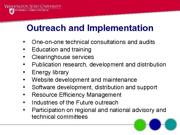 Outreach and Implementation • • • One-on-one technical consultations and audits Education and training