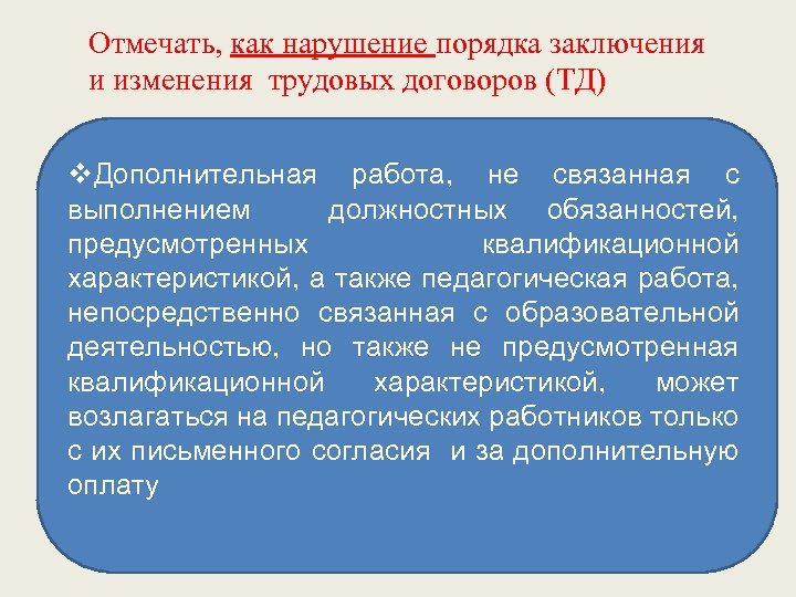 Отмечать, как нарушение порядка заключения и изменения трудовых договоров (ТД) v. Дополнительная работа, не