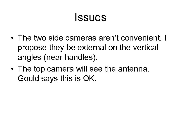 Issues • The two side cameras aren’t convenient. I propose they be external on