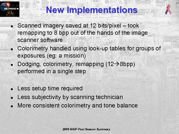 New Implementations n n n Scanned imagery saved at 12 bits/pixel – took remapping