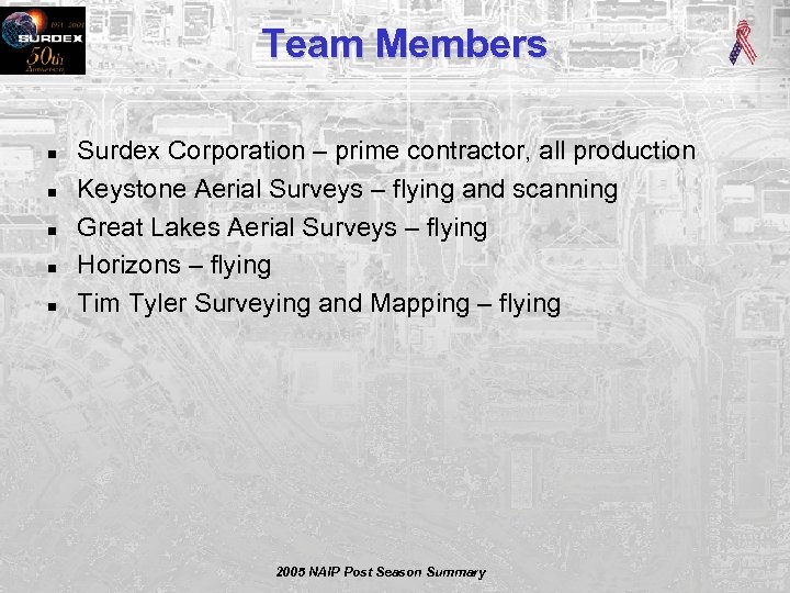 Team Members n n n Surdex Corporation – prime contractor, all production Keystone Aerial