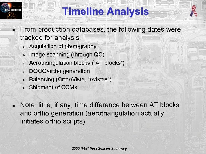 Timeline Analysis n From production databases, the following dates were tracked for analysis: Ø
