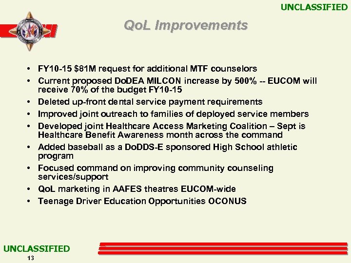 UNCLASSIFIED Qo. L Improvements • FY 10 -15 $81 M request for additional MTF