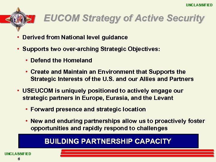 UNCLASSIFIED EUCOM Strategy of Active Security • Derived from National level guidance • Supports