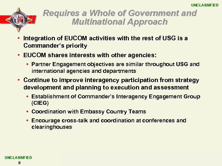 UNCLASSIFIED Requires a Whole of Government and Multinational Approach • Integration of EUCOM activities