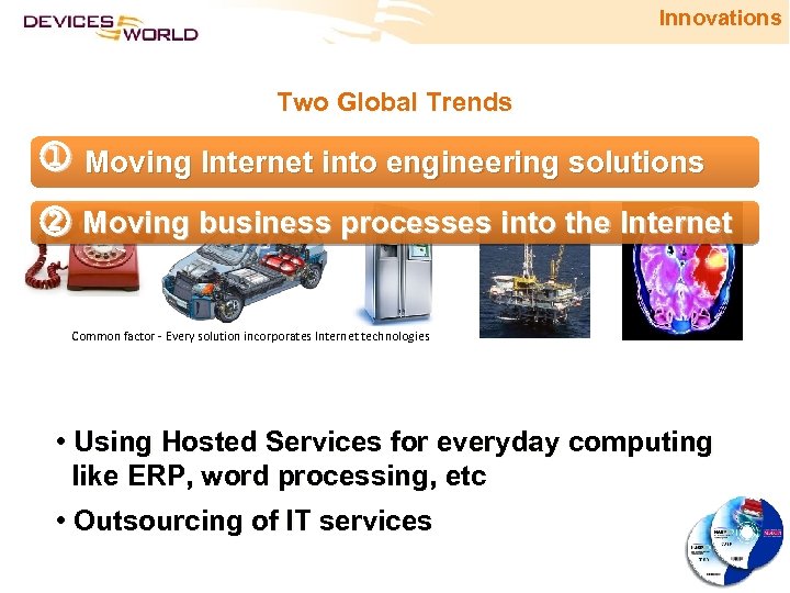 Innovations Two Global Trends j Moving Internet into engineering solutions k Moving business processes