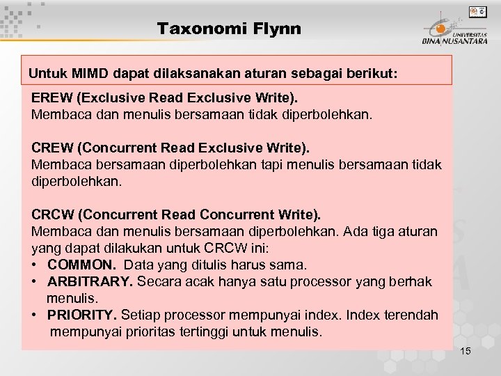 Taxonomi Flynn Untuk MIMD dapat dilaksanakan aturan sebagai berikut: EREW (Exclusive Read Exclusive Write).
