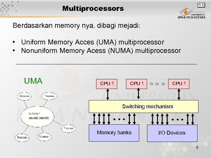 Multiprocessors Berdasarkan memory nya, dibagi mejadi: • Uniform Memory Acces (UMA) multiprocessor • Nonuniform