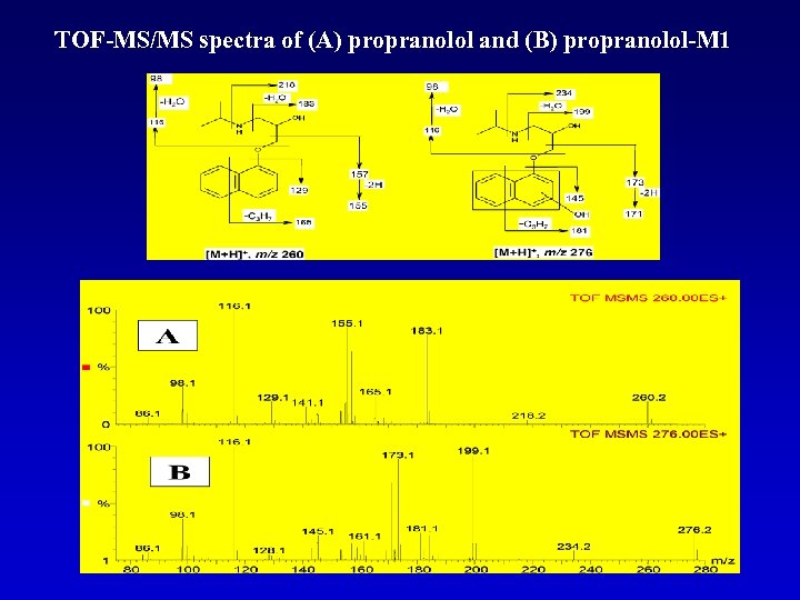 TOF-MS/MS spectra of (A) propranolol and (B) propranolol-M 1 