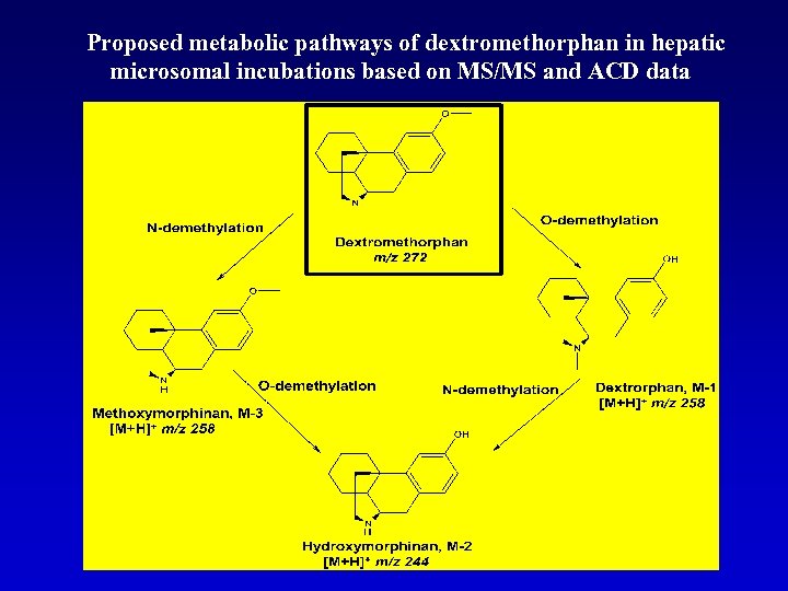  Proposed metabolic pathways of dextromethorphan in hepatic microsomal incubations based on MS/MS and