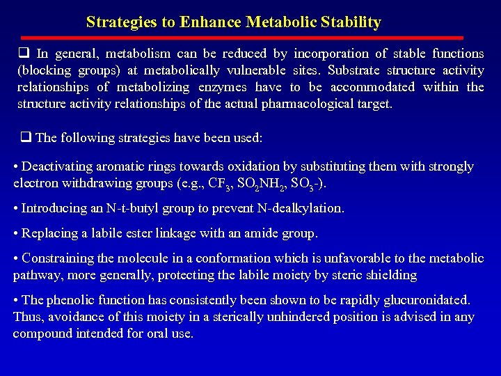 Strategies to Enhance Metabolic Stability q In general, metabolism can be reduced by incorporation