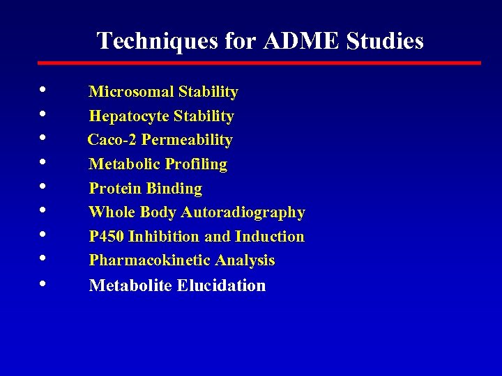 Techniques for ADME Studies • • Microsomal Stability Hepatocyte Stability Caco-2 Permeability Metabolic Profiling