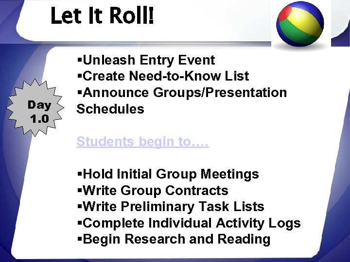 Let It Roll! Day 1. 0 §Unleash Entry Event §Create Need-to-Know List §Announce Groups/Presentation