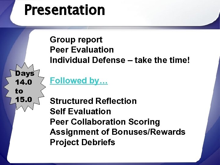 Presentation Group report Peer Evaluation Individual Defense – take the time! Days 14. 0