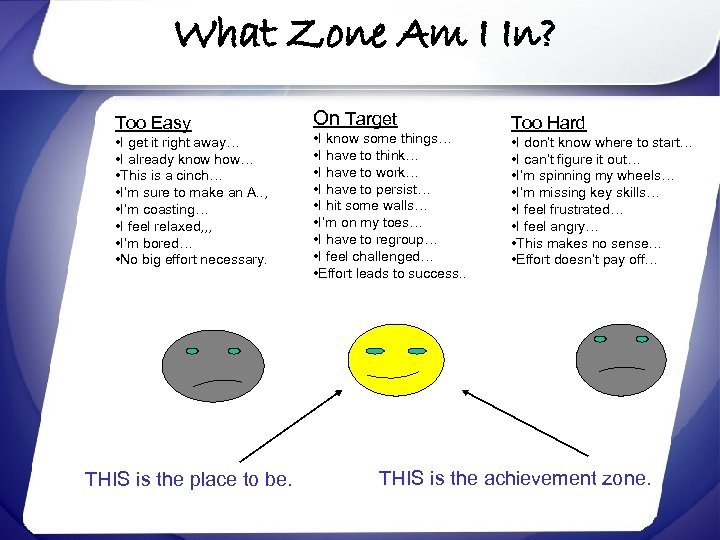 What Zone Am I In? Too Easy • I get it right away… •
