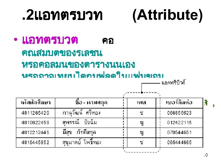 . 2แอทตรบวท (Attribute) • แอทตรบวต คอ คณสมบตของรเลชน หรอคอลมนของตารางนนเอง หรออาจเทยบไดกบฟลดในแฟมขอม ล • นกศกษา (รหสนกศกษา ,