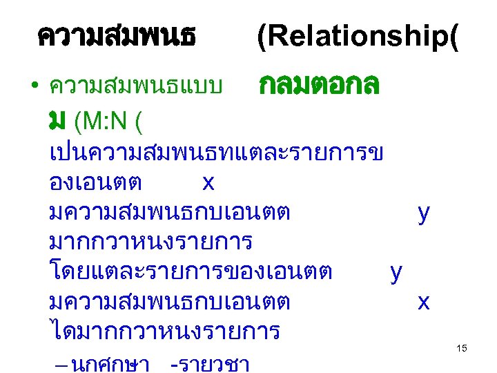 ความสมพนธ (Relationship( • ความสมพนธแบบ กลมตอกล ม (M: N ( เปนความสมพนธทแตละรายการข องเอนตต x มความสมพนธกบเอนตต y