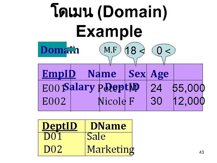 โดเมน (Domain) Example Domain M, F 18 < 0< Emp. ID Name Sex Age