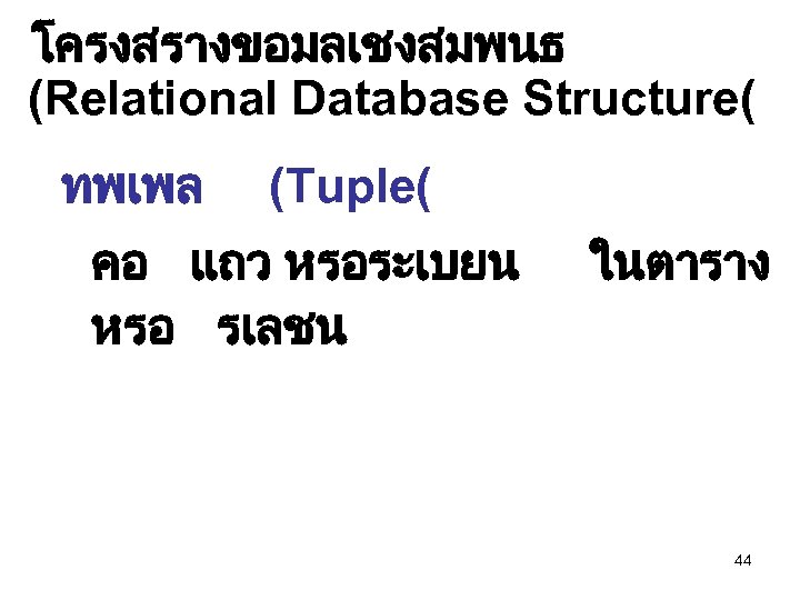 โครงสรางขอมลเชงสมพนธ (Relational Database Structure( ทพเพล (Tuple( คอ แถว หรอระเบยน หรอ รเลชน ในตาราง 44 