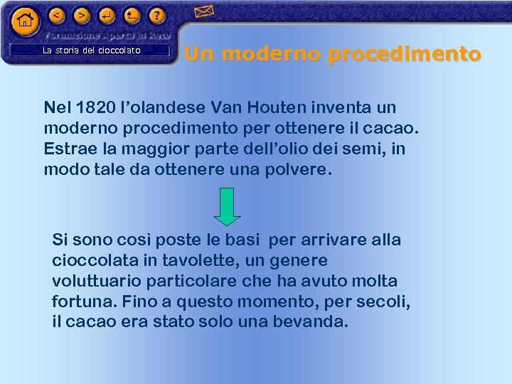La storia del cioccolato Un moderno procedimento Nel 1820 l’olandese Van Houten inventa un