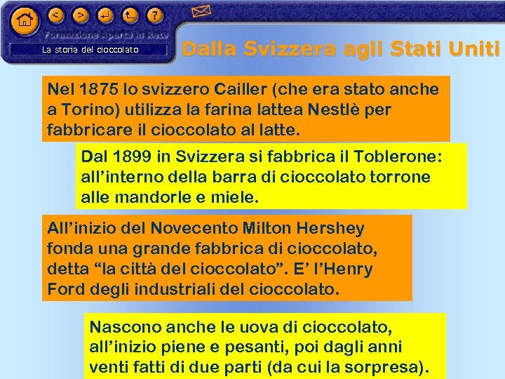 La storia del cioccolato Dalla Svizzera agli Stati Uniti Nel 1875 lo svizzero Cailler