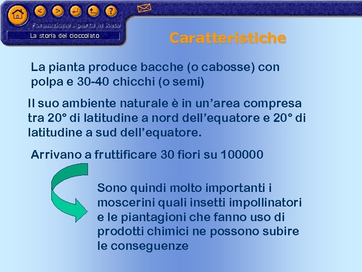 La storia del cioccolato Caratteristiche La pianta produce bacche (o cabosse) con polpa e