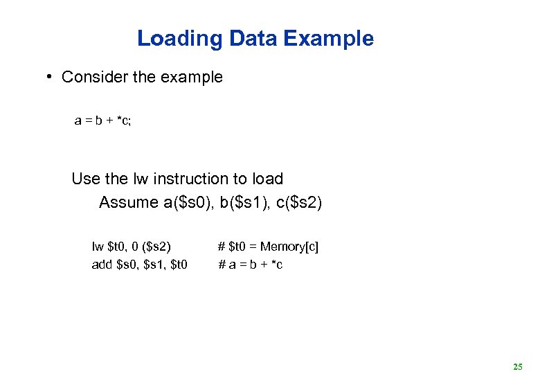 Loading Data Example • Consider the example a = b + *c; Use the