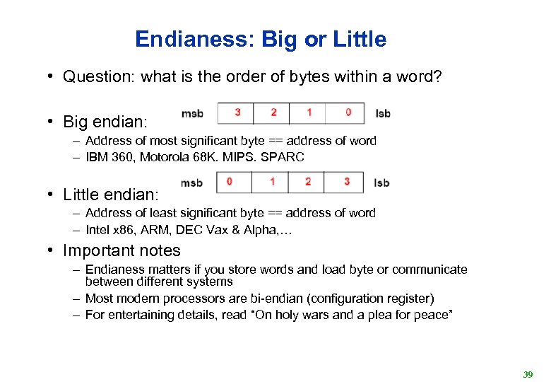 Endianess: Big or Little • Question: what is the order of bytes within a