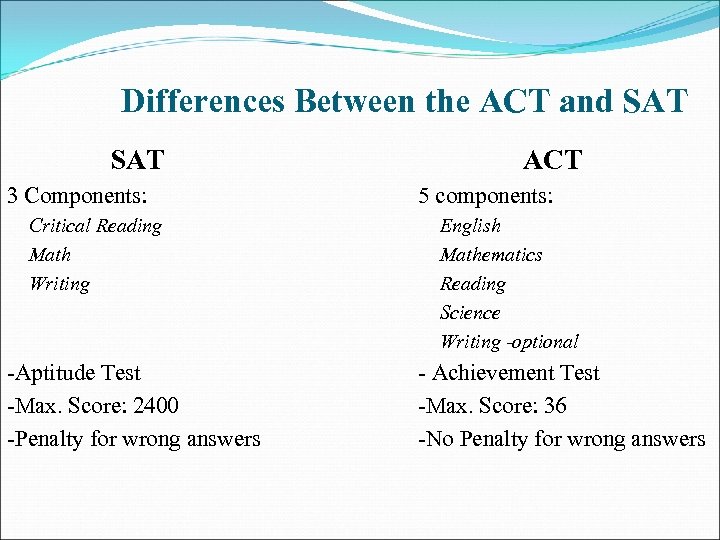 Differences Between the ACT and SAT 3 Components: Critical Reading Math Writing -Aptitude Test