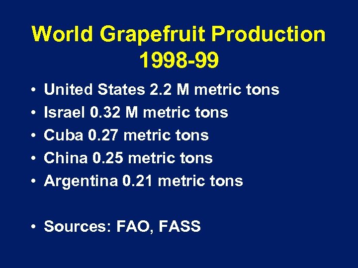 World Grapefruit Production 1998 -99 • • • United States 2. 2 M metric