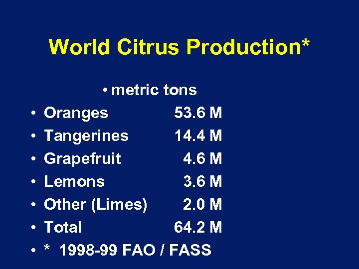World Citrus Production* • • metric tons Oranges 53. 6 M Tangerines 14. 4
