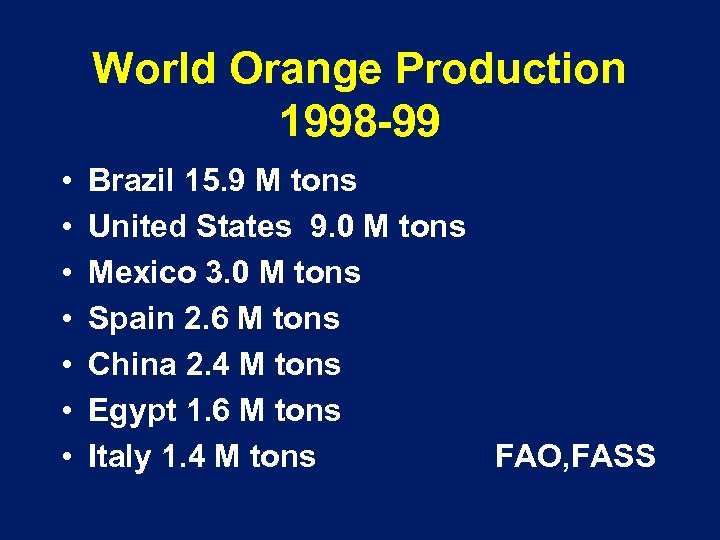 World Orange Production 1998 -99 • • Brazil 15. 9 M tons United States