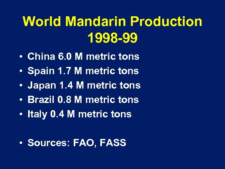 World Mandarin Production 1998 -99 • • • China 6. 0 M metric tons