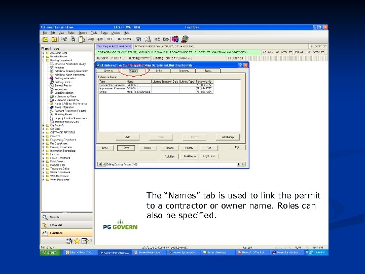 The “Names” tab is used to link the permit to a contractor or owner