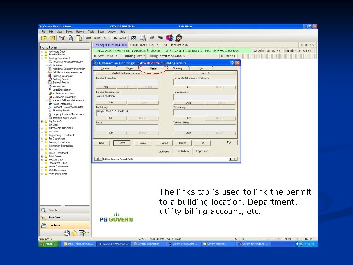 The links tab is used to link the permit to a building location, Department,