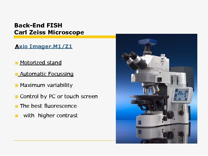 Back-End FISH Carl Zeiss Microscope Axio Imager. M 1/Z 1 Motorized stand Automatic Focussing