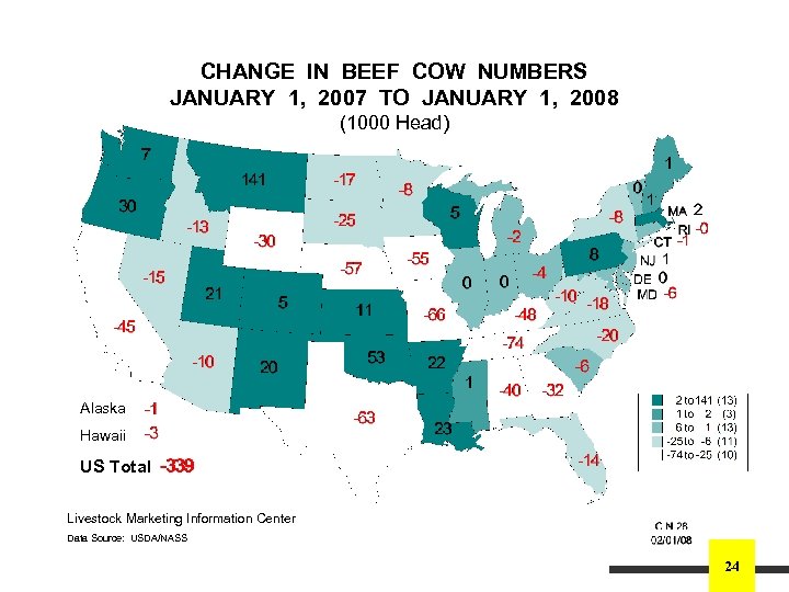 CHANGE IN BEEF COW NUMBERS JANUARY 1, 2007 TO JANUARY 1, 2008 (1000 Head)