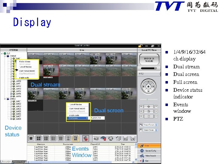 Display n n Dual stream n n Dual screen n Device status Events Window