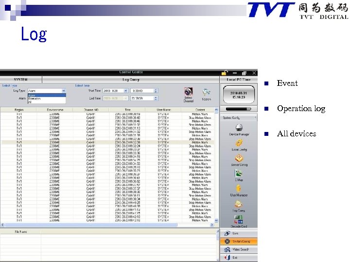 Log n Event n Operation log n All devices 
