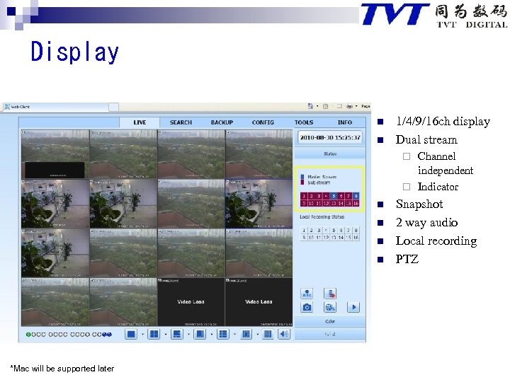 Display n n 1/4/9/16 ch display Dual stream Channel independent ¨ Indicator ¨ n