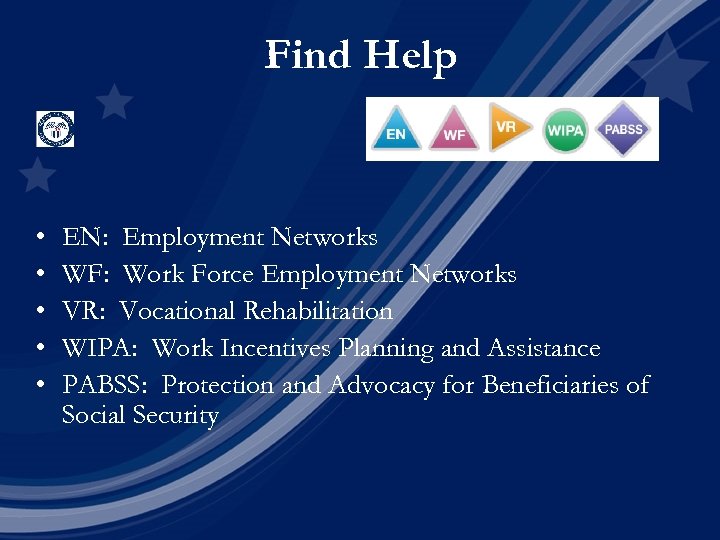 Find Help • • • EN: Employment Networks WF: Work Force Employment Networks VR: