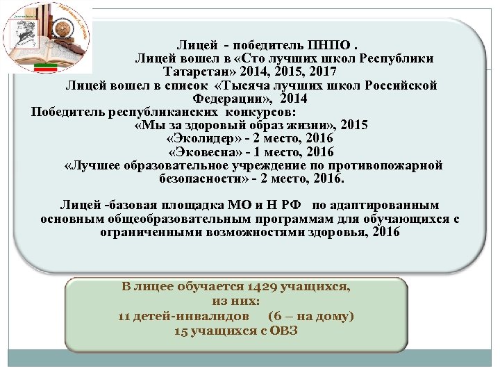 Лицей - победитель ПНПО. Лицей вошел в «Сто лучших школ Республики Татарстан» 2014, 2015,