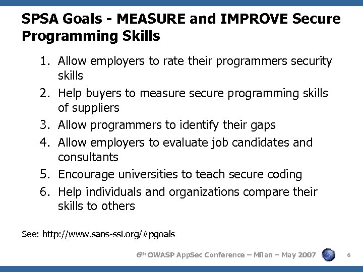 SPSA Goals - MEASURE and IMPROVE Secure Programming Skills 1. Allow employers to rate