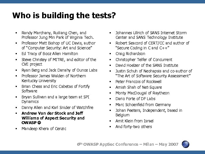 Who is building the tests? Randy Marchany, Ruiliang Chen, and Professor Jung Min Park