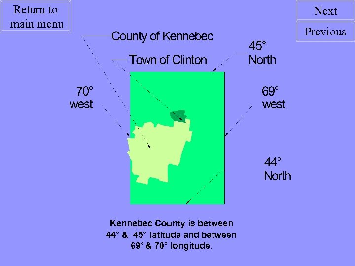 Return to main menu Next Previous Kennebec County is between 44° & 45° latitude